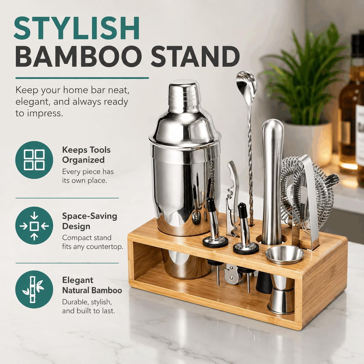 Semderm 10-Piece Cocktail Shaker Set, Stainless Steel Bartender Kit with Bamboo Stand, Mixology Tools with Muddler Jigger Pourers for Home Bar, Gift for Men & Women ( Silver )