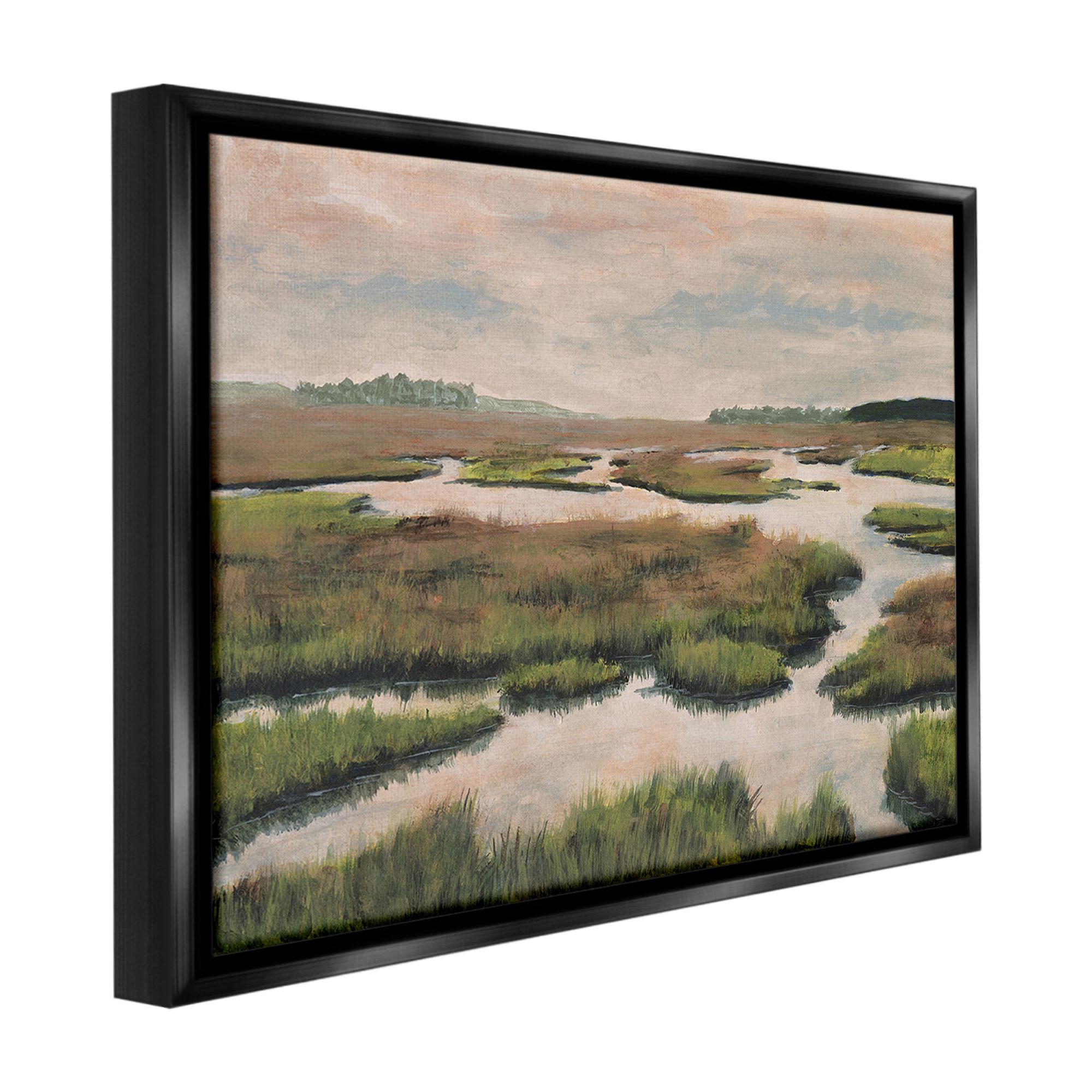 Stupell Industries Asymmetrical Stream Nature Landscape Painting Black Floater Framed Canvas Art Print Wall Art, 21 x 17