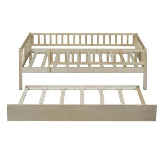 Cterwk Twin Size Wood Daybed with Trundle and Fence Guardrails, Brown