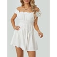 thumbnail image 3 of SUNSIOM Women Summer Short Dress, Solid Color Ruched Bust Boat Neck Off Shoulder Puff Sleeve A-Line One Piece for Ladies, 3 of 8