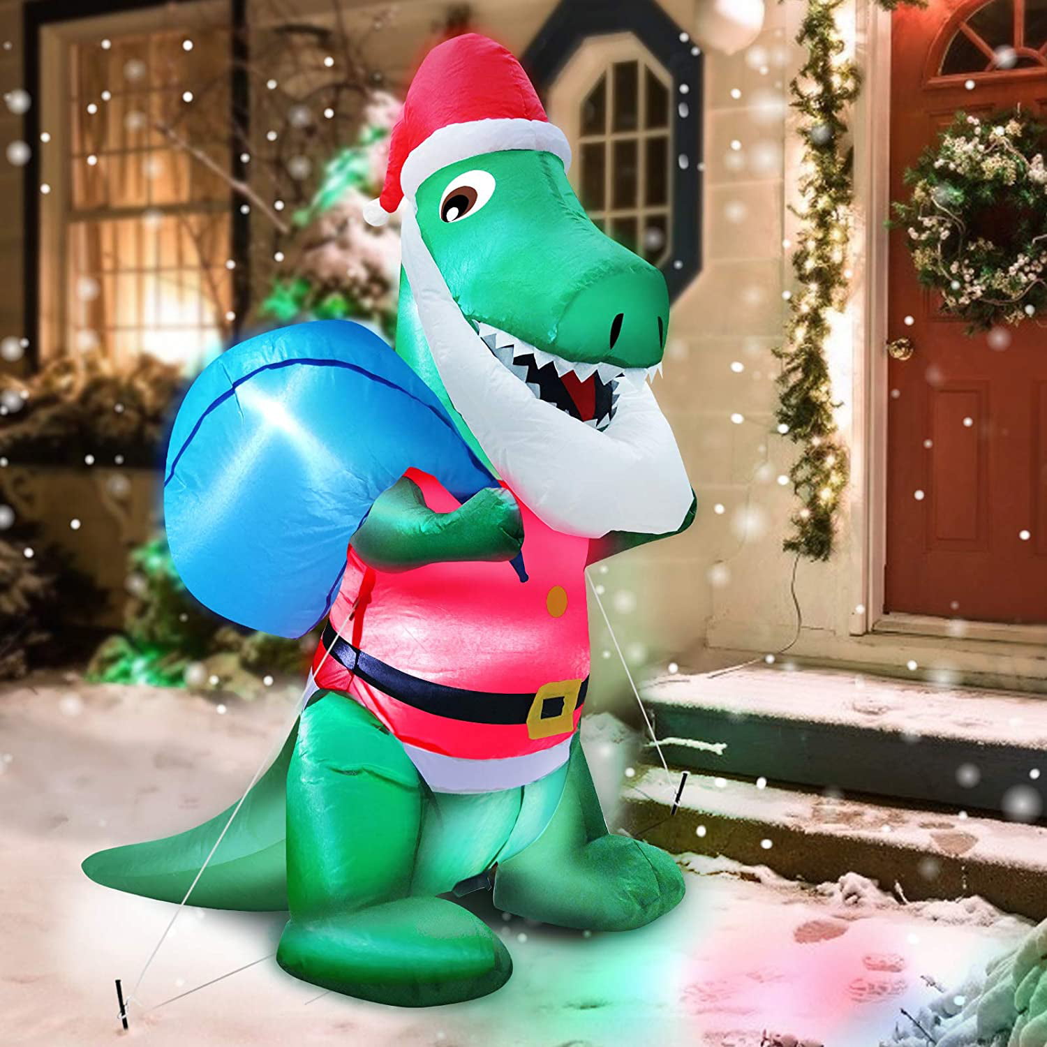 TURNMEON 3.5 Ft Long Christmas Inflatables Santa Dinosaur Christmas Decorations Outdoor Inflatables Triceratops with LED Light Stakes Christmas Inflatables Decoration Blow Up Holiday Yard Decoration 