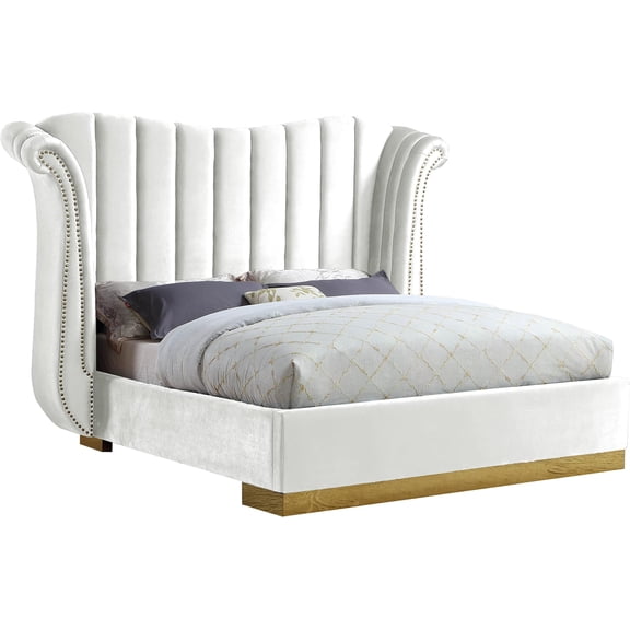 Maklaine Contemporary Solid Wood and Velvet Queen Bed in White