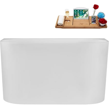 47" Streamline G-99-369-BBR Soaking Glossy White Freestanding Tub and Tray With Internal Drain in Brushed Brass