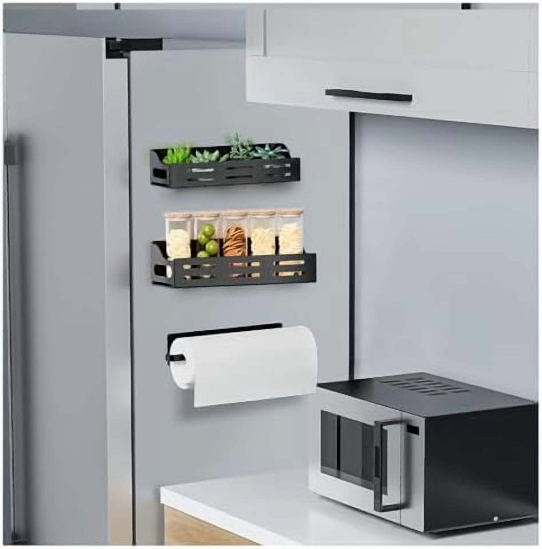 3 Pack Magnetic Spice Rack for Refrigerator with Paper Towel Holder, Magnetic Refrigerator Organizer, Strong Magnetic Fridge Shelf, Rustproof Side Fridge Storage Rack for Kitchen