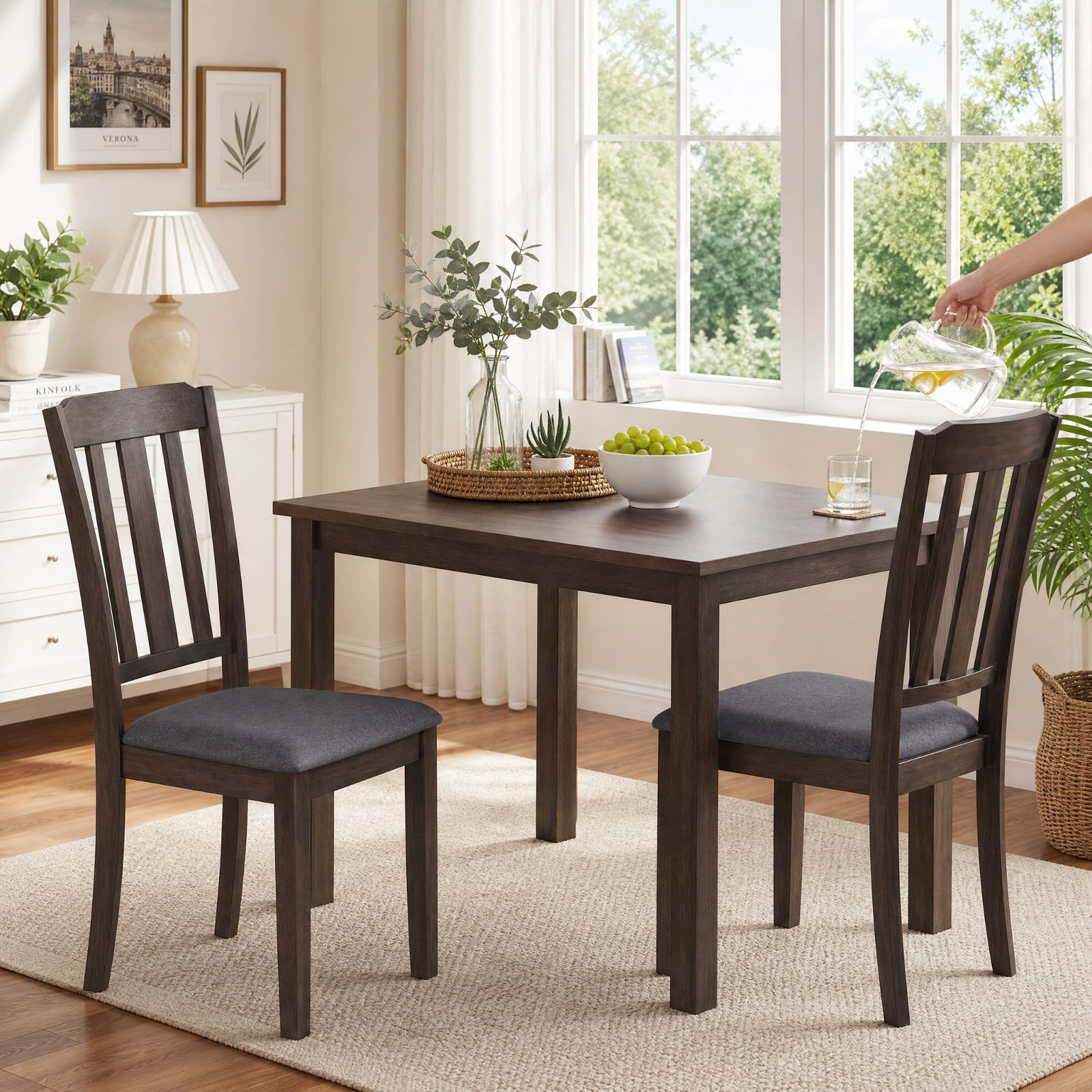 Furnibear Set of 2 Rubber Wood Dining Room Chairs with Padded Faux Linen Seat and Curved Backrest for Kitchen and Dining Room, Brown