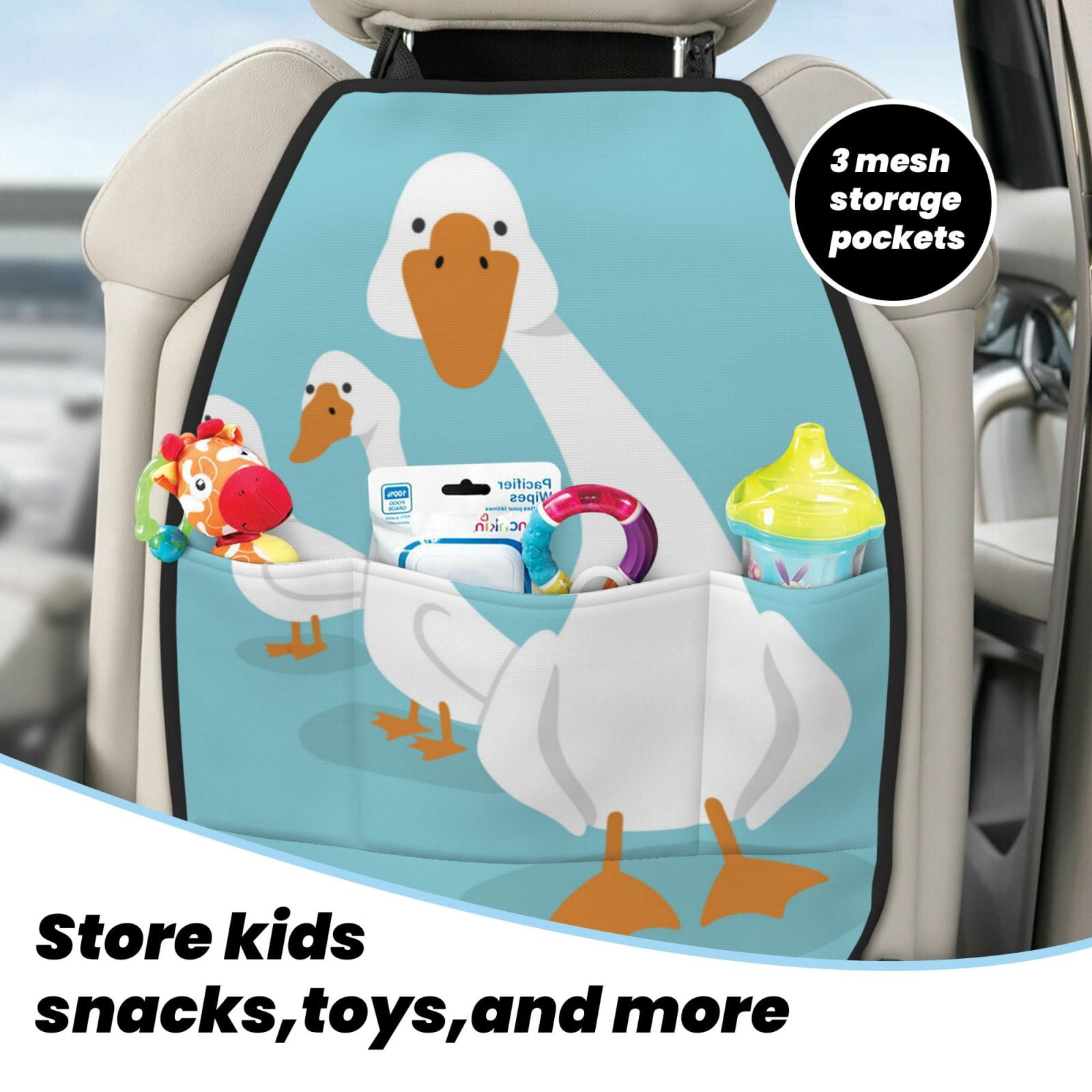 Kdxio Three White Geese Print 2 Pack Car Kick Mat Seat Cover Back Protector Mat with Pockets for Organizer Backseat Protector and Storage Anti Kick Pad for Vehicles