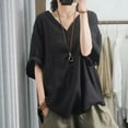 thumbnail image 4 of NaWent Cotton Linen Shirts for Women Summer V-Neck T-Shirts Casual 3/4 Sleeve Blouse Top Black XL, 4 of 4