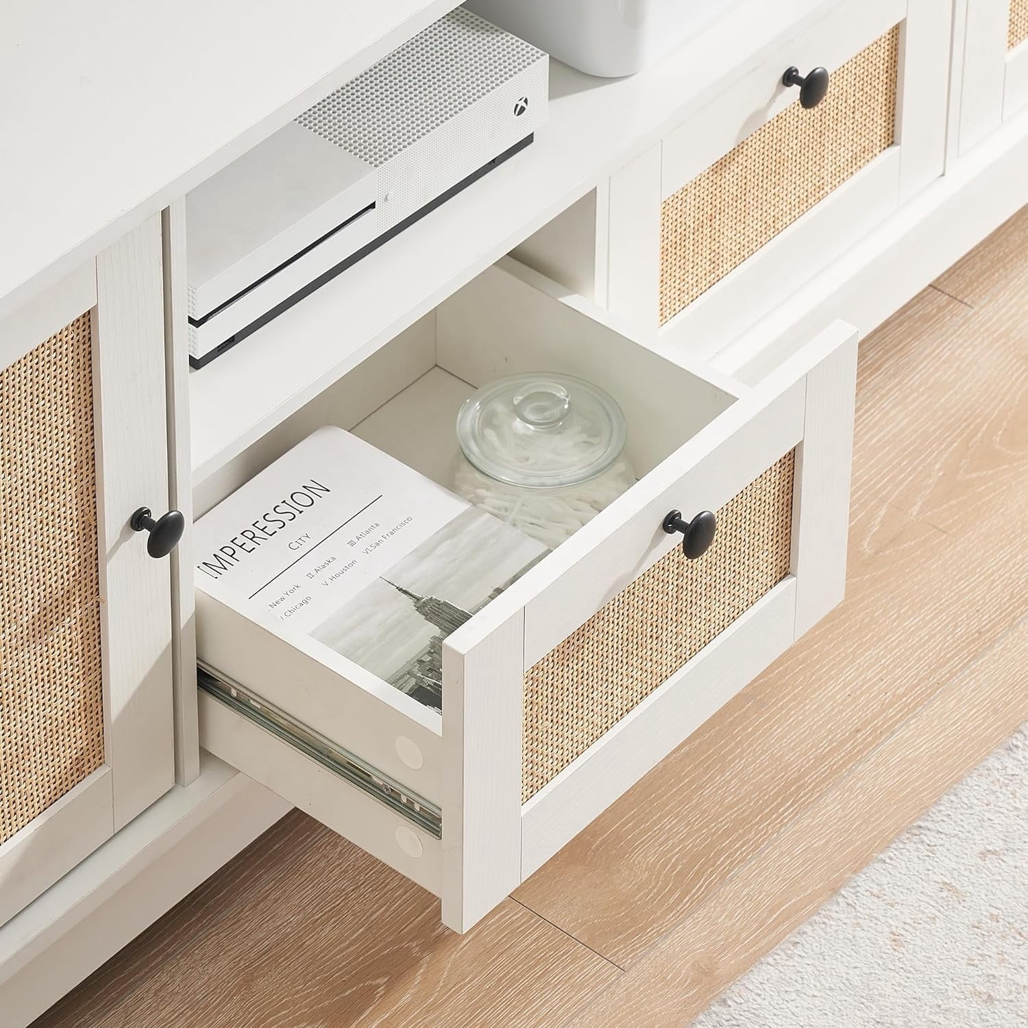 TROPOW Tv Stands for Living Room,Rattan TV Stand, Boho Entertainment Center for 65 Inch TV, TV Console with 2 Cabinets & Adjustable Shelf, Modern TV Stand with Storage, Media Console Cabinet,White