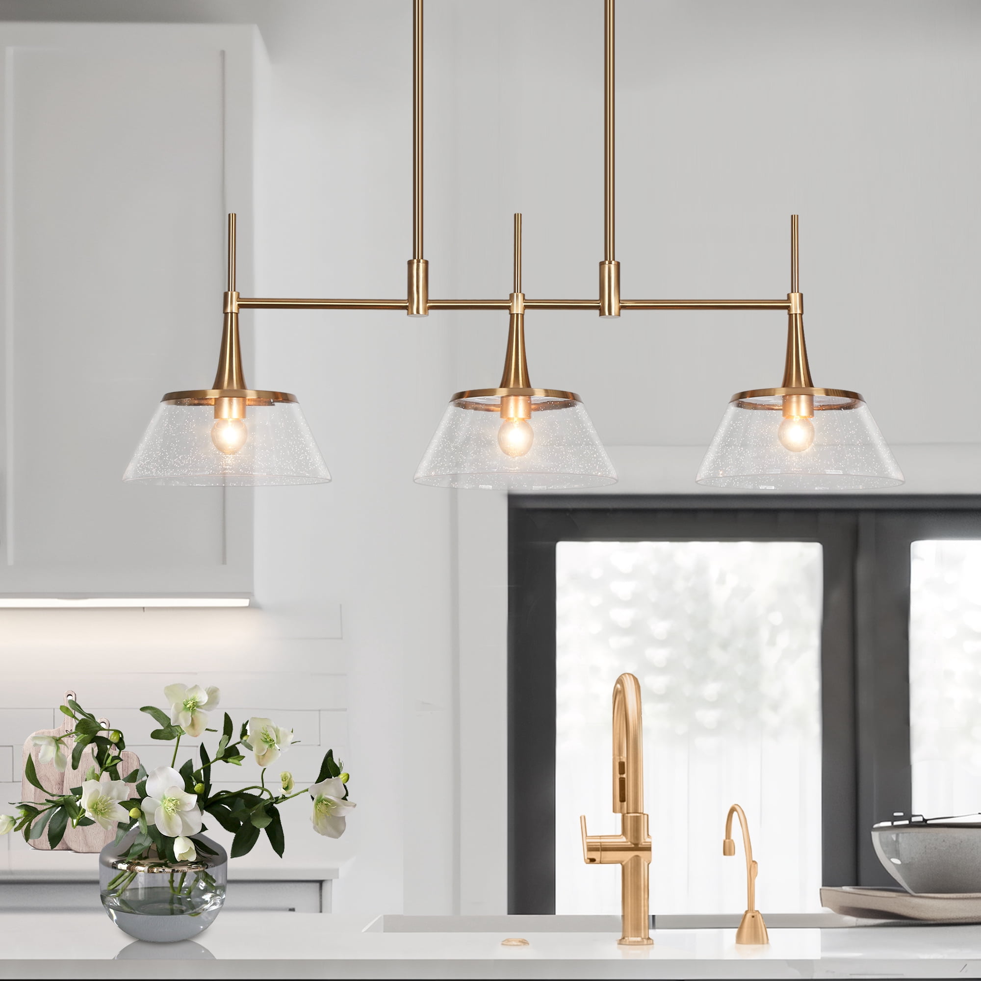 LNC 3-Light Linear Modern Brass E12 Hardwired Kitchen Island Pendant with Seeded Glass Shades