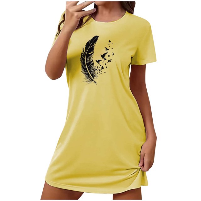 Tnhcen Robe Mignonne Imprimée Grande Taille Manches Courtes Col Rond Vêtements de Nuit Extensibles Polyester Spandex P-2TG pour Détente Quotidienne/sommeil Confortable