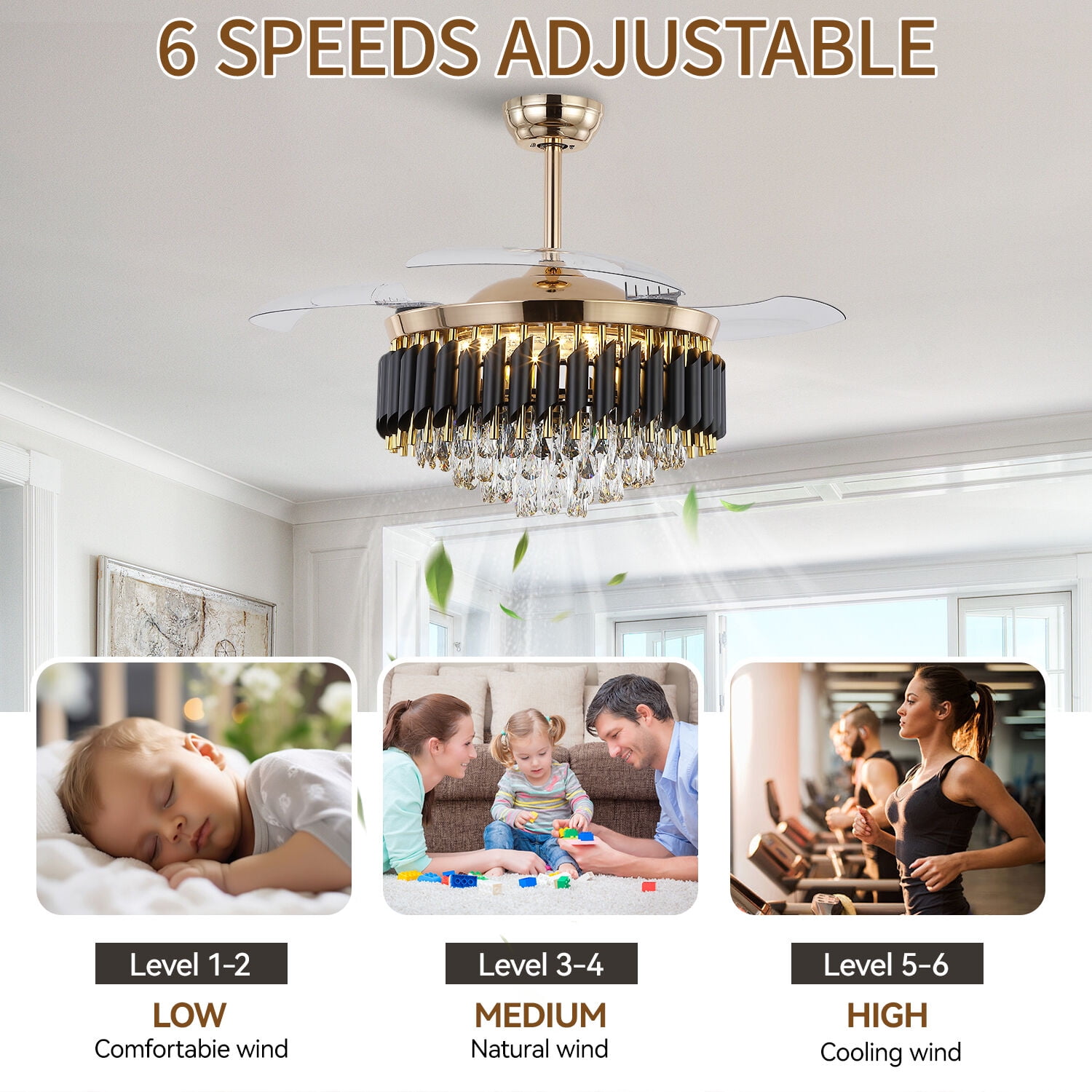 PHORUS 48" Invisible Crystal Ceiling Fan with Light, Quiet DC Motor 6-Speed Dimmable Fan with Remote Control, Retractable ABS Blades and Timer for Bedroom Living Room,Gold
