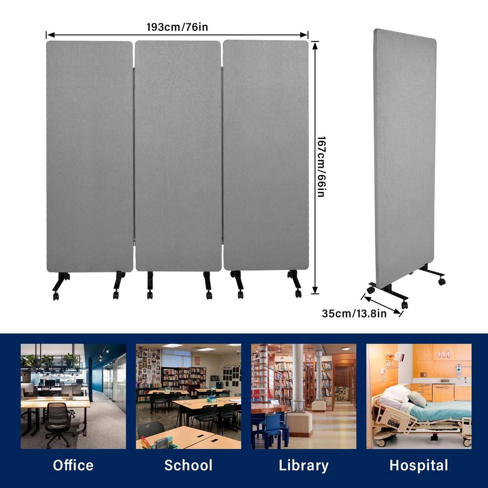 3 Panel Soundproof Room Divider, 76 x 66 Inch Portable Acoustic Partition with Wheels for Office Privacy and Classroom Noise Control (Light Gray)