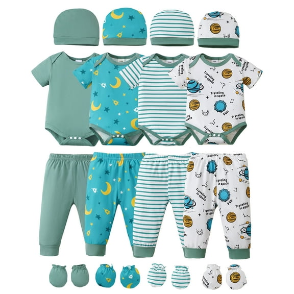 KIMI BEAR Newborn Baby Boys Layette Essentials 3-6 Months Romper Pants Gift Sets 4 Packs Short Sleeves Bodysuit Tops Pants Set with Hats and Gloves 16pcs Outfits Green