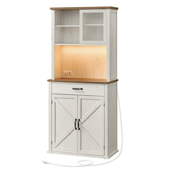 VASAGLE Pantry Cabinet with Lights and Charging Station, Kitchen Pantry Cabinet with Doors and Drawer, Storage Cabinet, Coffee Bar Cabinet, Adjustable Shelves, Farmhouse Style