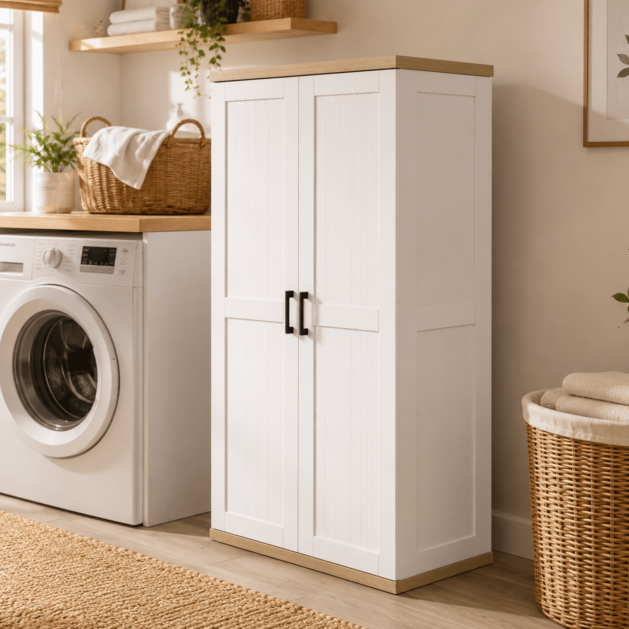 HOQBN 55.1" Tall Storage Cabinet with 2 Doors & Adjustable Shelf, Wooden Broom Closet Storage Cabinet,Cleaning Tool Cabinet for Living Room,Kitchen, Garage, Bathroom,White