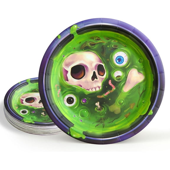 Cheerland 48PCS Halloween Party Plates 7 Inch Disposable Paper Plates, Green & Purple Witch Potion Design Spooky Tableware