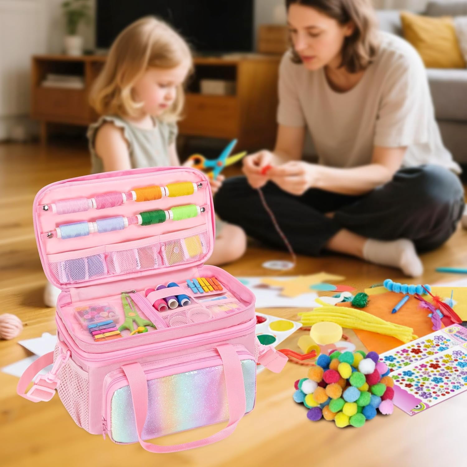 Double Layer Sewing Organizer for Crafts Sewing Supplies, Crafts Accessories Bag, Portable Sewing Box with Handle and Detachable Shoulder Strap, Rainbow Sequins Design, Pink (Case Only)