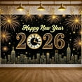 thumbnail image 3 of Golden Fireworks Happy New Year Banner Clock Design New Year Backdrop City Skyline Gold Lettering 2026 Festive Background for New Year Party New Year Eve Holiday Celebration, 3 of 9