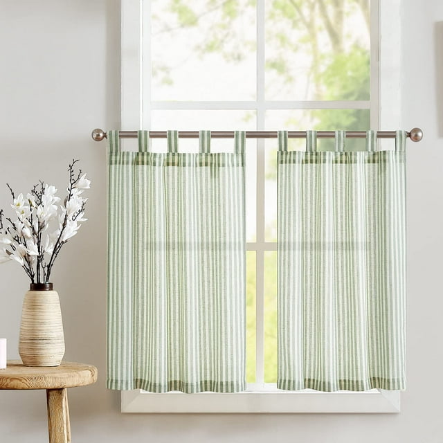Cortinas de Cocina Jinchan con Presillas, Lino 90 cm, Rayadas, 2 Paneles