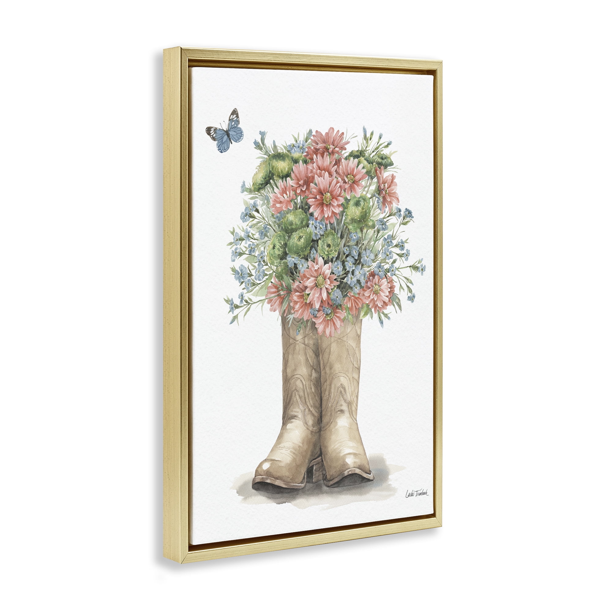 Stupell Industries Western Wildflower Boots Botanical & Floral Painting Gold Floater Framed Canvas Art Print Wall Art, 17 x 25