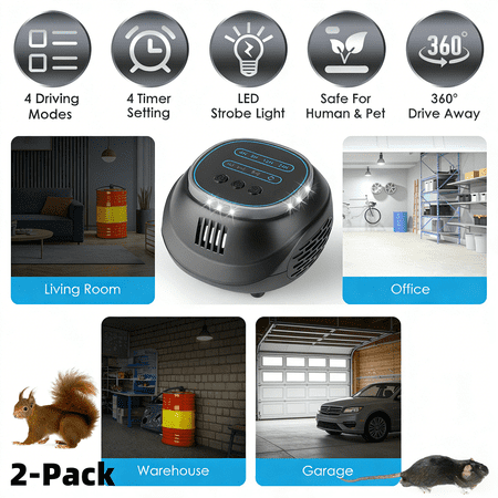 2 Pack Ultrasonic Pest Repeller Rodent Mouse Chaser 4 Mode 4-65KHz Strobe 1292sq.ft Coverage 3.94In Garage Basement Attic Warehouse Indoor Electronic Repellent USB Timer Setting Plug In Device
