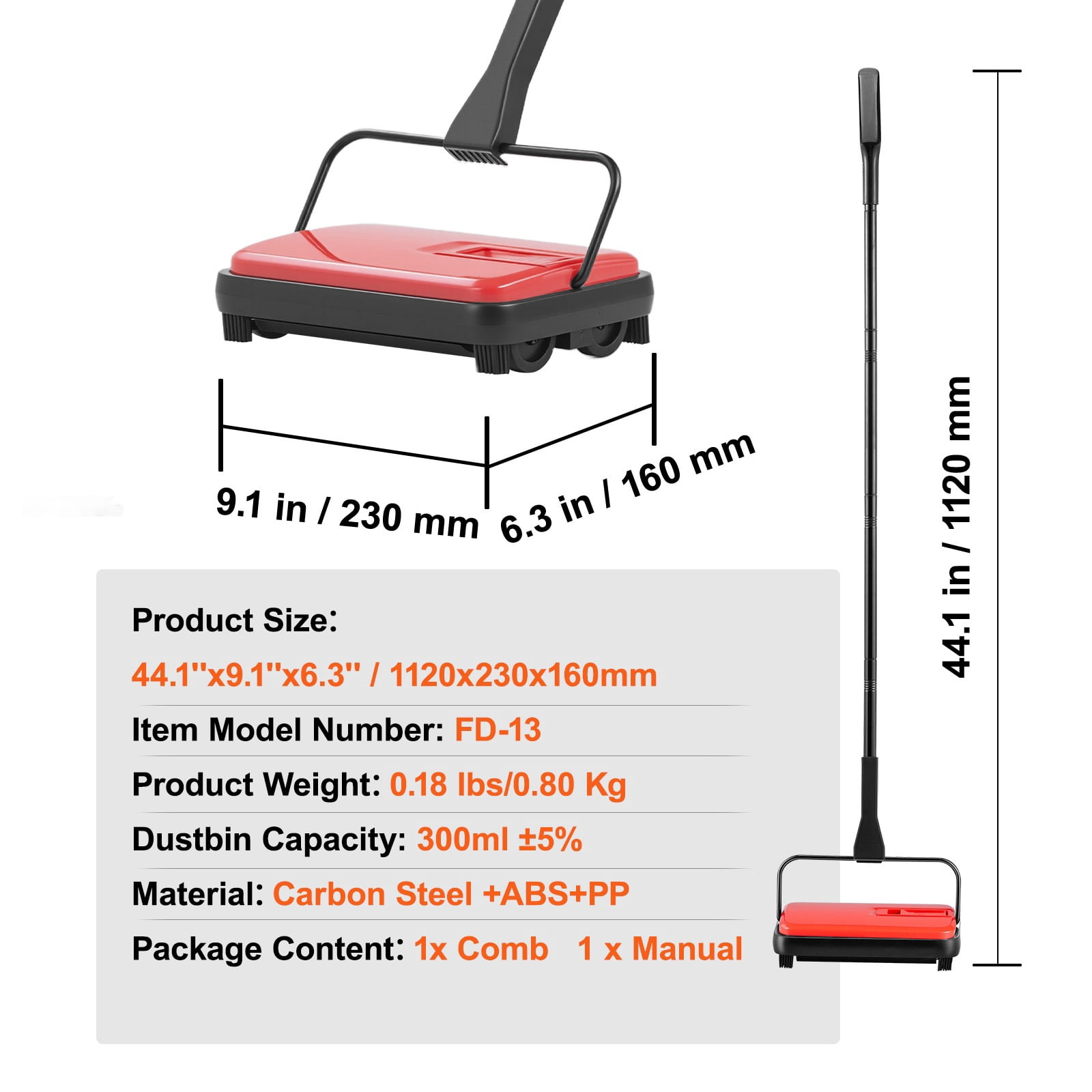 Carpet Sweeper Manual, Floor Sweeper with 300 ml Dustbin Capacity Easy to Empty, 6.7 inch Cleaning Width for Home Office Carpets Pet Hair Dust Red