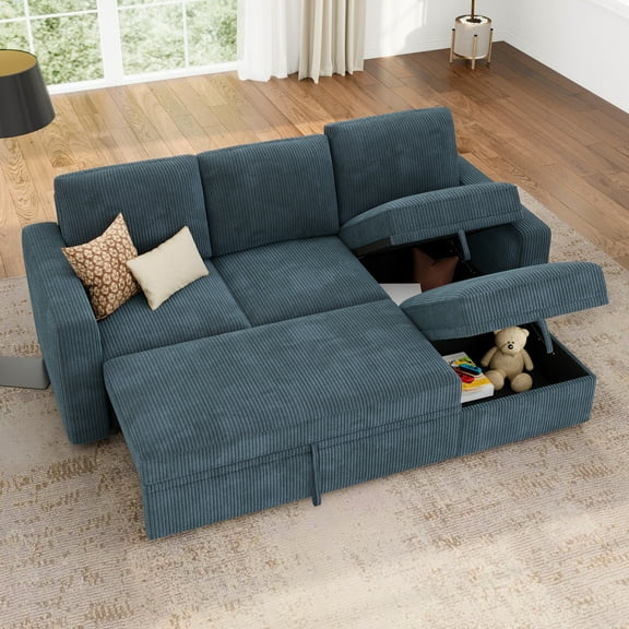 HONBAY 79" Blue Reversible 3 Seat Compact L Shaped Sectional Sleeper Sofa with Pull Out Bed and Storage, Corduroy