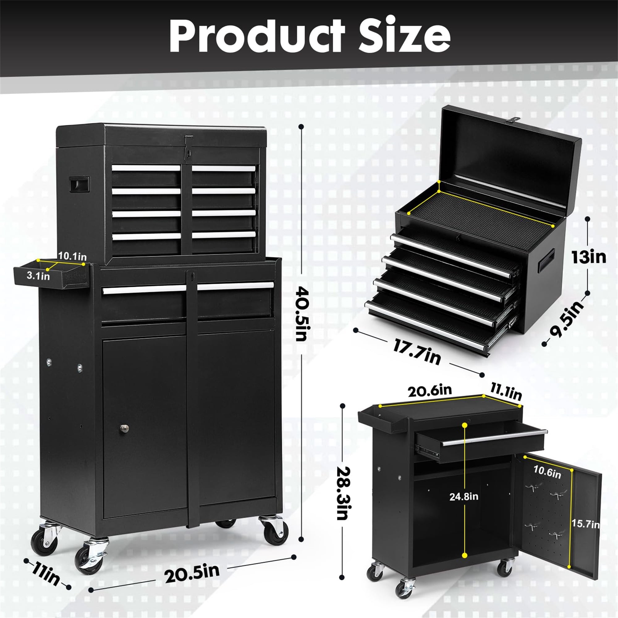 Aukfa Tool Chest, 2 in 1 Steel Rolling Tool Box & Cabinet On Wheels for Garage, 5-Drawer, Black
