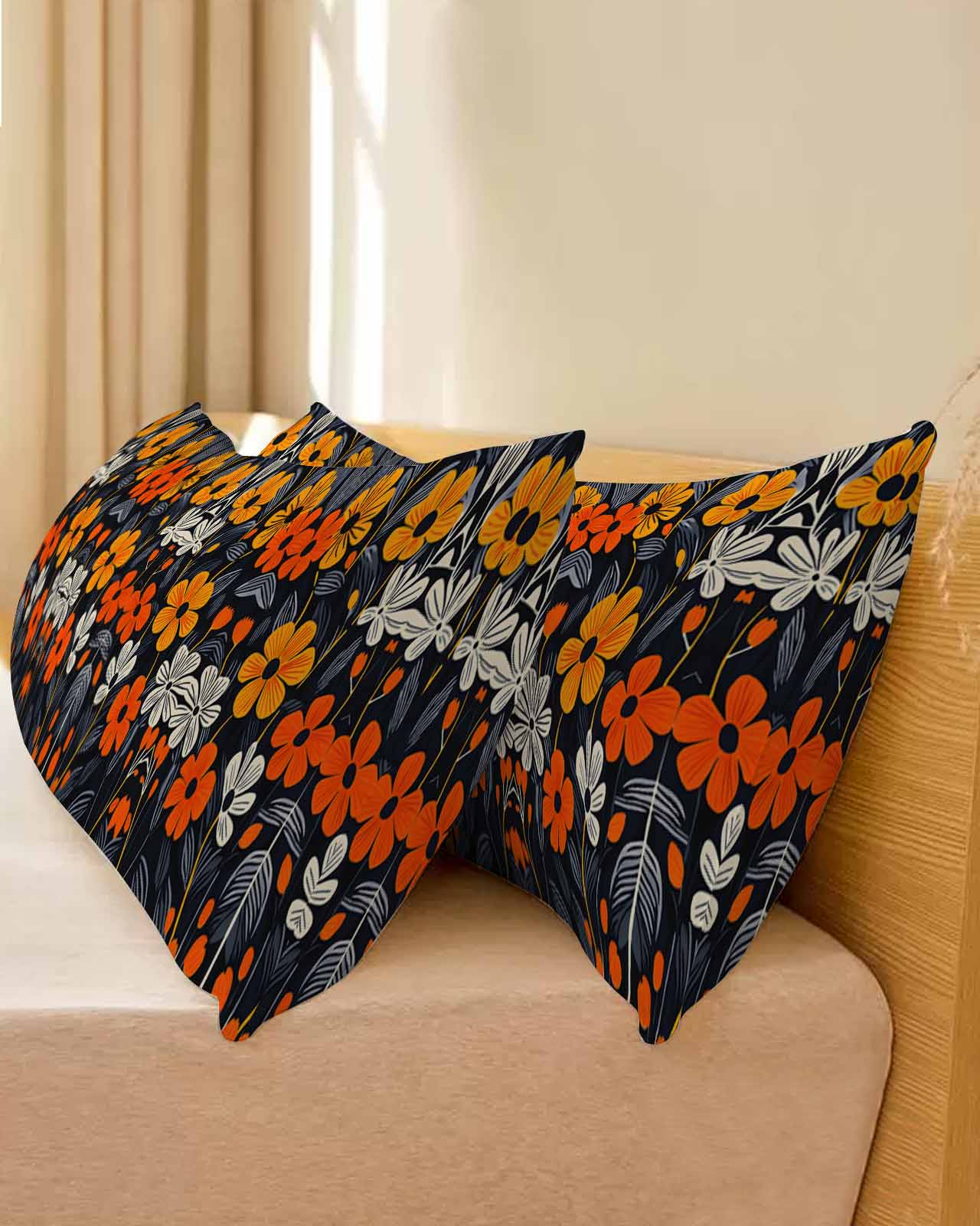 Orange Spring Floral Body Pillow Cover 20 x 60 Inch Decorative Pillow Cover Black Summer Botanical Leaf Lumbar Pillowcase Seasonal Rectangle Cushion Case for Couch Sofa Bed Living Room