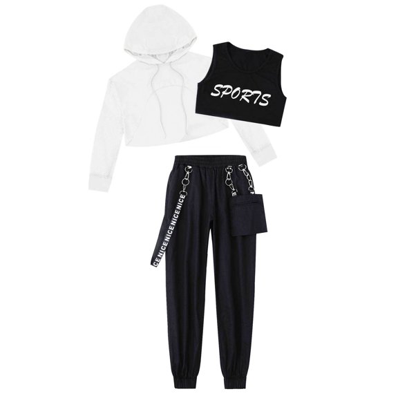 inhzoy Kids Girls 3PCs Atheletic Hip Hop Jazz Street Dance Suit Sets,Sizes 4-16 White 16
