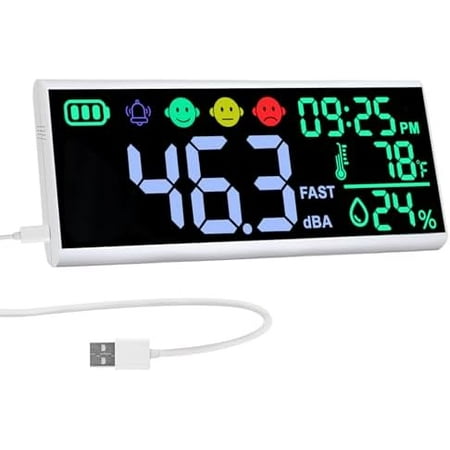 Decibel Meter Wall Mounted and Desktop Sound Decibel Meter 13" Large LED Display Decibel/Time/Humidity/Temperature with Colorful Icons & Alarm SPL Meter Noise Monitor for Classroom Studio Factory