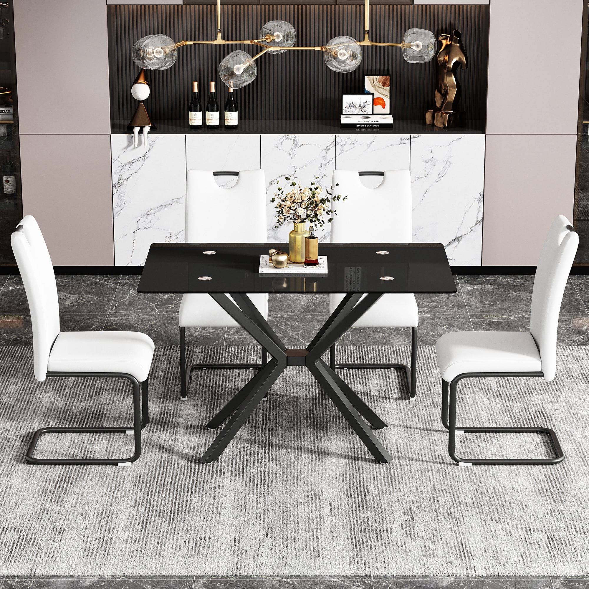 Miniyam 47" Modern Glass Dining Table for 4, Rectangular Tempered Glass Top with Metal Legs, Black