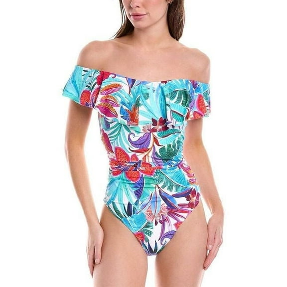 La Blanca Women's Off Shoulder Ruffle One Piece Swimsuit, Multi//Tropics of Tropez, 6