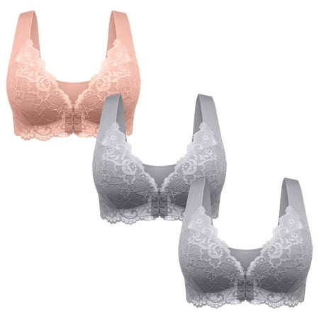 LFEOOST 3 Pack Plus Size Bras for Women Front Closure Wireless Full Coverage Bralettes Breathable Lace Seamless T Shirt Bra Pink XXXXL