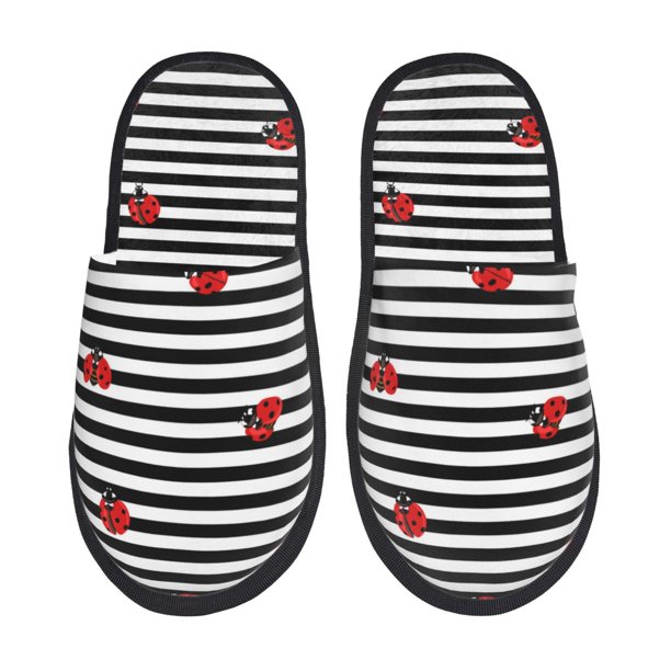 Fotbe Ladybugs on Black and White Striped Pantuflas Peludas para Mujer con Estampado, Zapatillas de Peluche, Zapatos de Invierno para Casa, Uso Interior y Exterior-Medium