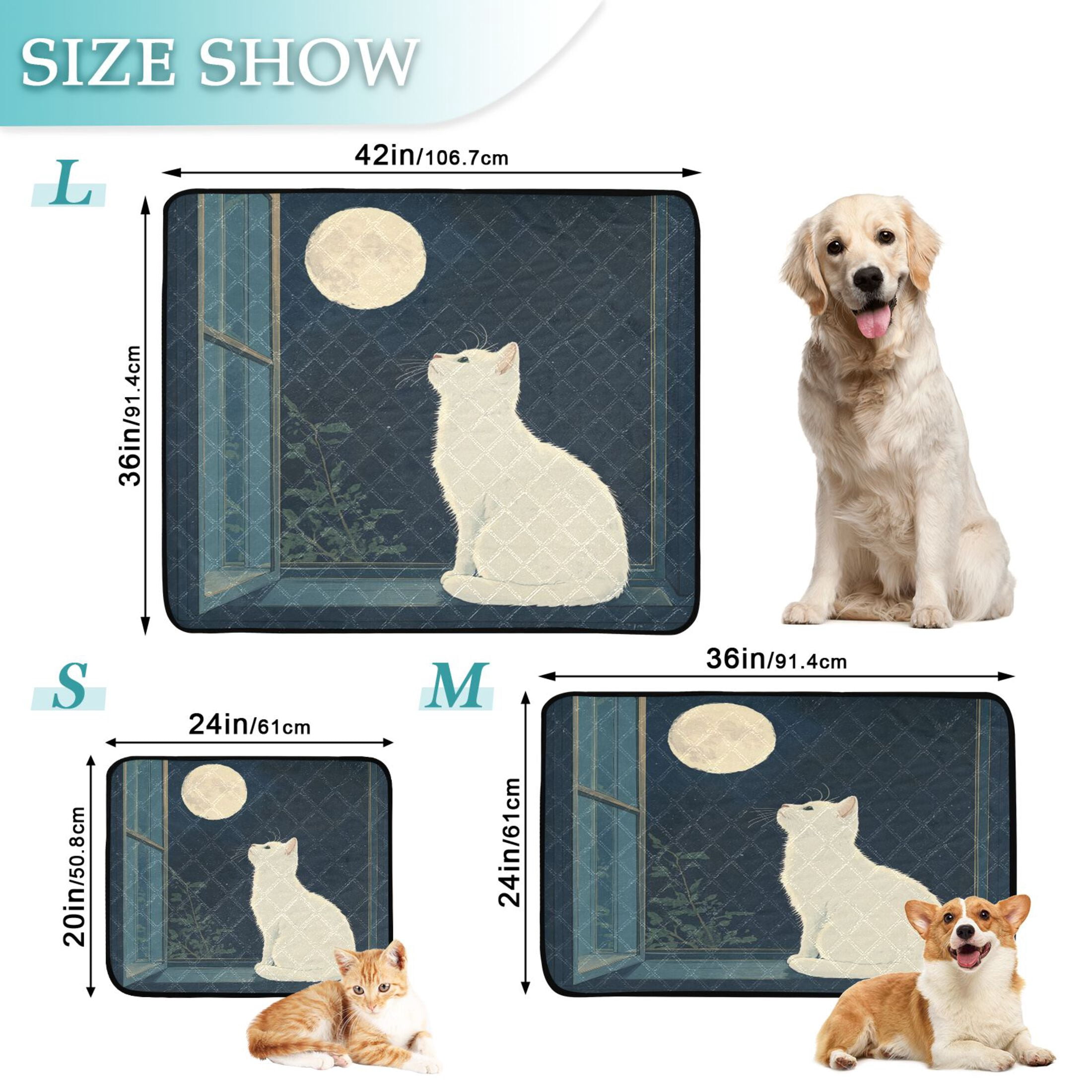 Qxltty White Cat Enjoying The Moon Cat litter Pads Pet Set of 2 Diaper Mats Center Anti-leakage Layer Absorbent Soft and Comfortable