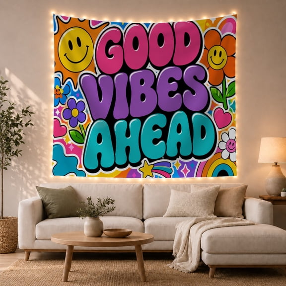 GOOD VIBES AHEAD with Smiley Flowers and Psychedelic Background, Playful Retro for Hippie Decor Enthusiasts, Groovy 70s Wall Art, Birthday Gift Tapestry Wall Hanging for Bedroom and Dorm