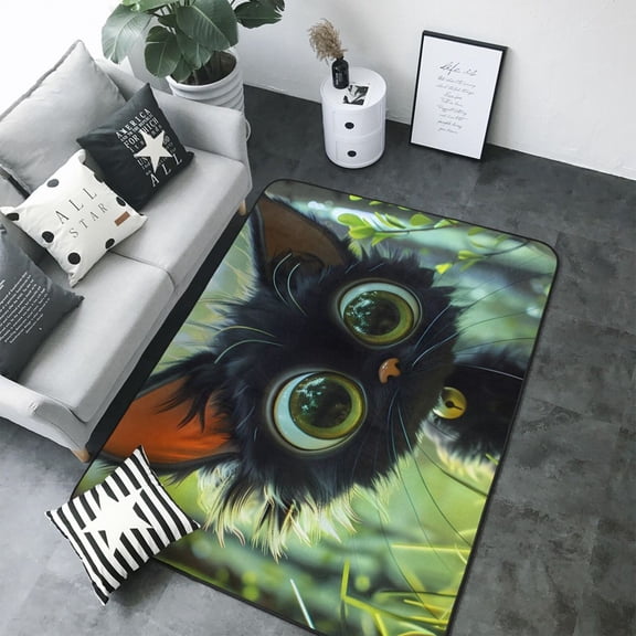 Area Rugs For Living Room Decor - Cute Big-Eyed Black Cat Soft Anti Slip Throw Washable Rugs 5x7 For Bedroom, Indoor Carpet For Bedroom Living Room 80x58In