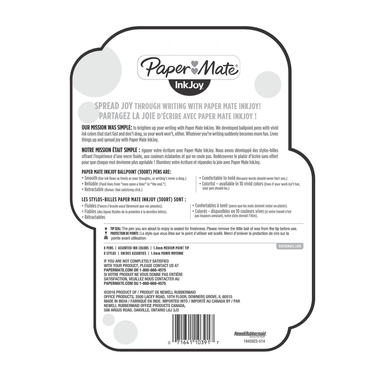 Paper Mate InkJoy 300RT Retractable Ballpoint Pens, Medium Point (1.0 mm), Assorted Colours, 8 Count