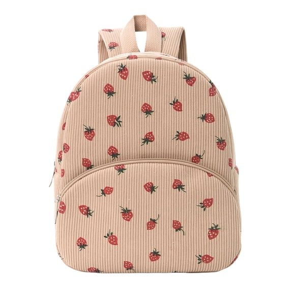 Corduroy All Over Strawberry Print Backpack Multi Front Pocket Lightweight Waterproof Teen Back To School Casual Daypack