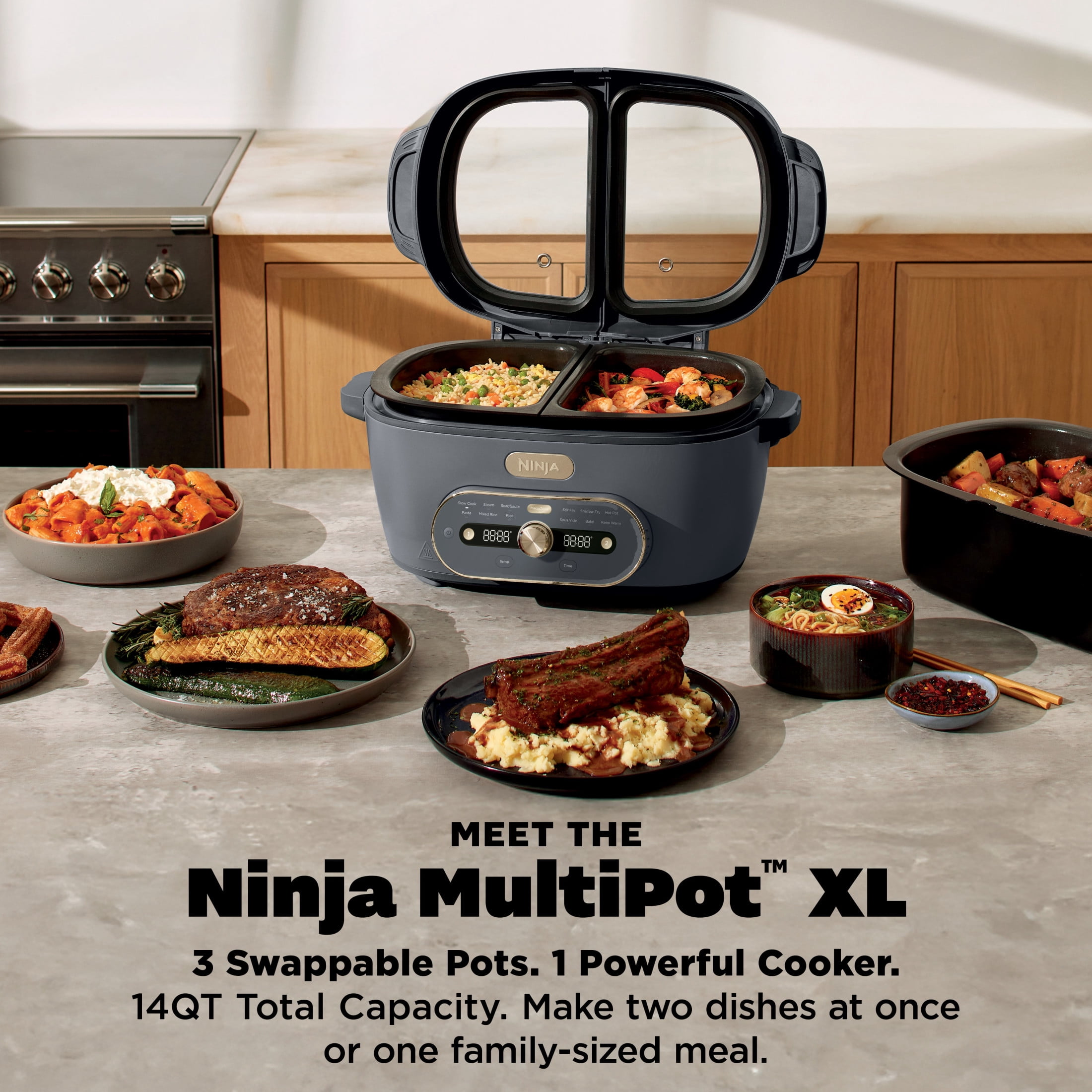 Ninja MultiPot 12-in-1 Multicooker with DualZone Technology, Cook 2 Meals At Once, Feeds 8, Slow Cook, Sear, Bake, Rice, Pasta, Hot Pot, 1500W, MZ1001BL1 Cyberspace
