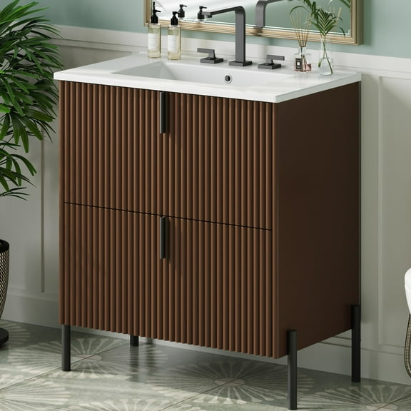 Christopher Knight Home 30" Bathroom Vanity with Sink, Soft-Close Drawers, Fluted Design, Dark Brown