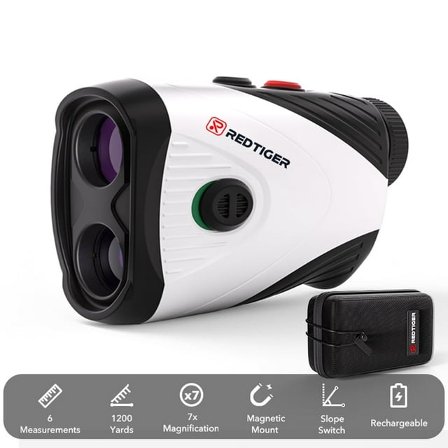 REDTIGER Laser Golf/Hunting Rangefinder with 7X magnification and a range of up to 1200 yards. Features include slope measurement, flag pole locking vibration, and a transflective LCD display for clear readings. Compact design with a magnetic stripe for easy attachment to metal surfaces and an IP54 waterproof rating. Rechargeable via Type-C charging, providing approximately 30,000 uses. Includes a protective carrying case.