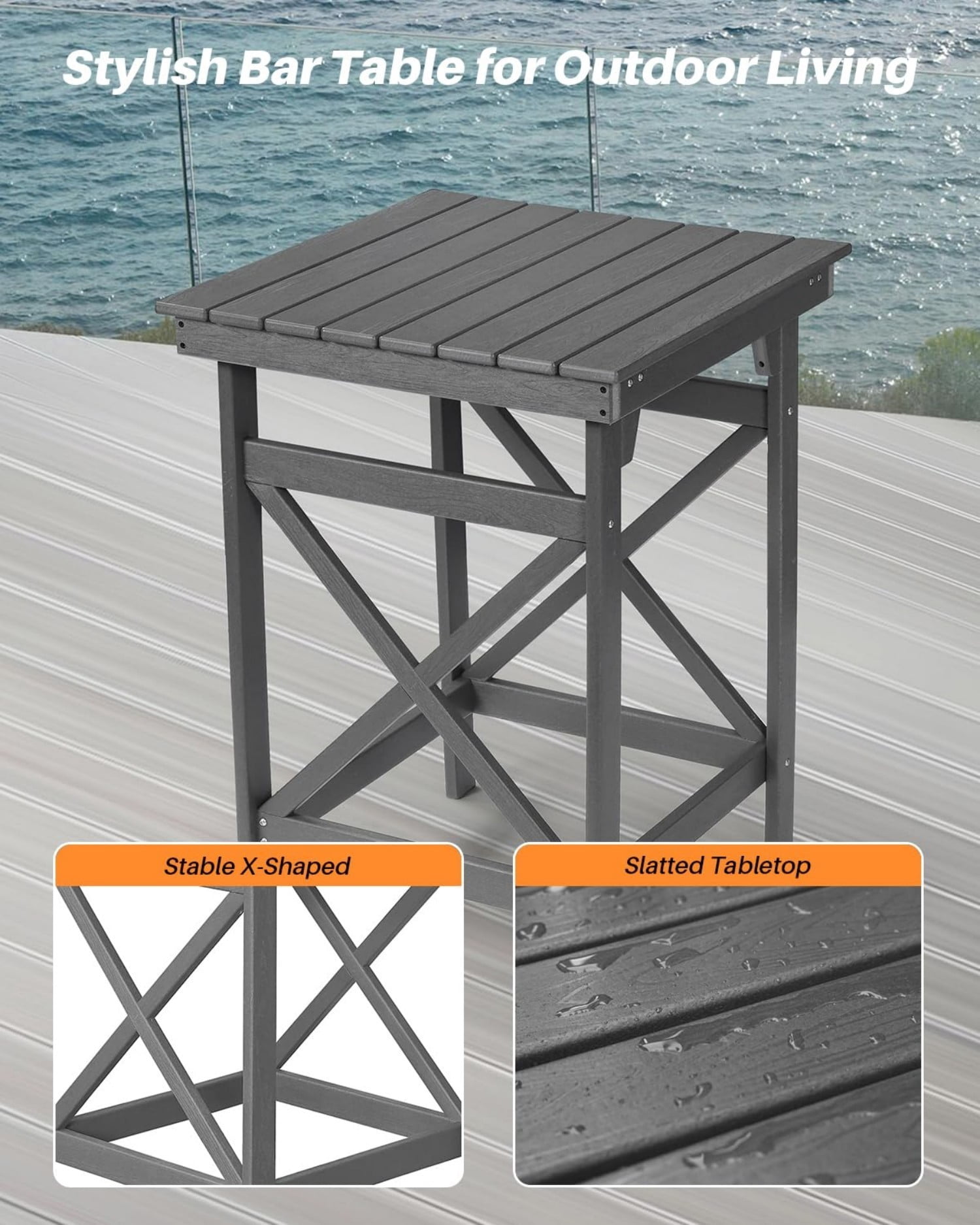 HDPE Outdoor Bar Table, 41" Adirondack Patio Bar Height Table, Weather Resistant High Top Pub Table for Poolside, Balcony, Porch, Garden, Smoke Gray