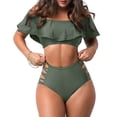 thumbnail image 2 of 1 Set Sexy Off Shoulder Bikini Set Ruffled Trim Bandeau Bra High Waist Hollow Out Swimming Trunks Set Push Up Swimwear, 2 of 7