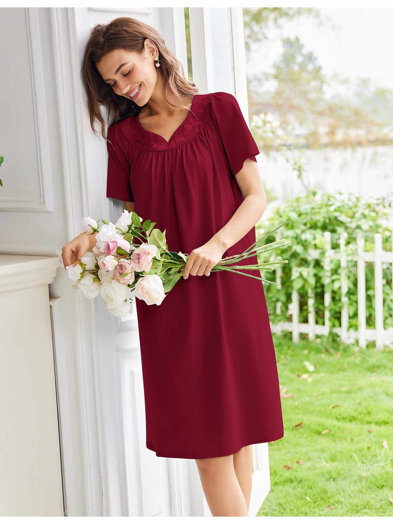 cotton mumu dress Ekouaer Nightgowns for Women Cotton House Dress with Pockets Short Sleeve Mumu Dress Embroidered Lounge Dress Burgundy XL