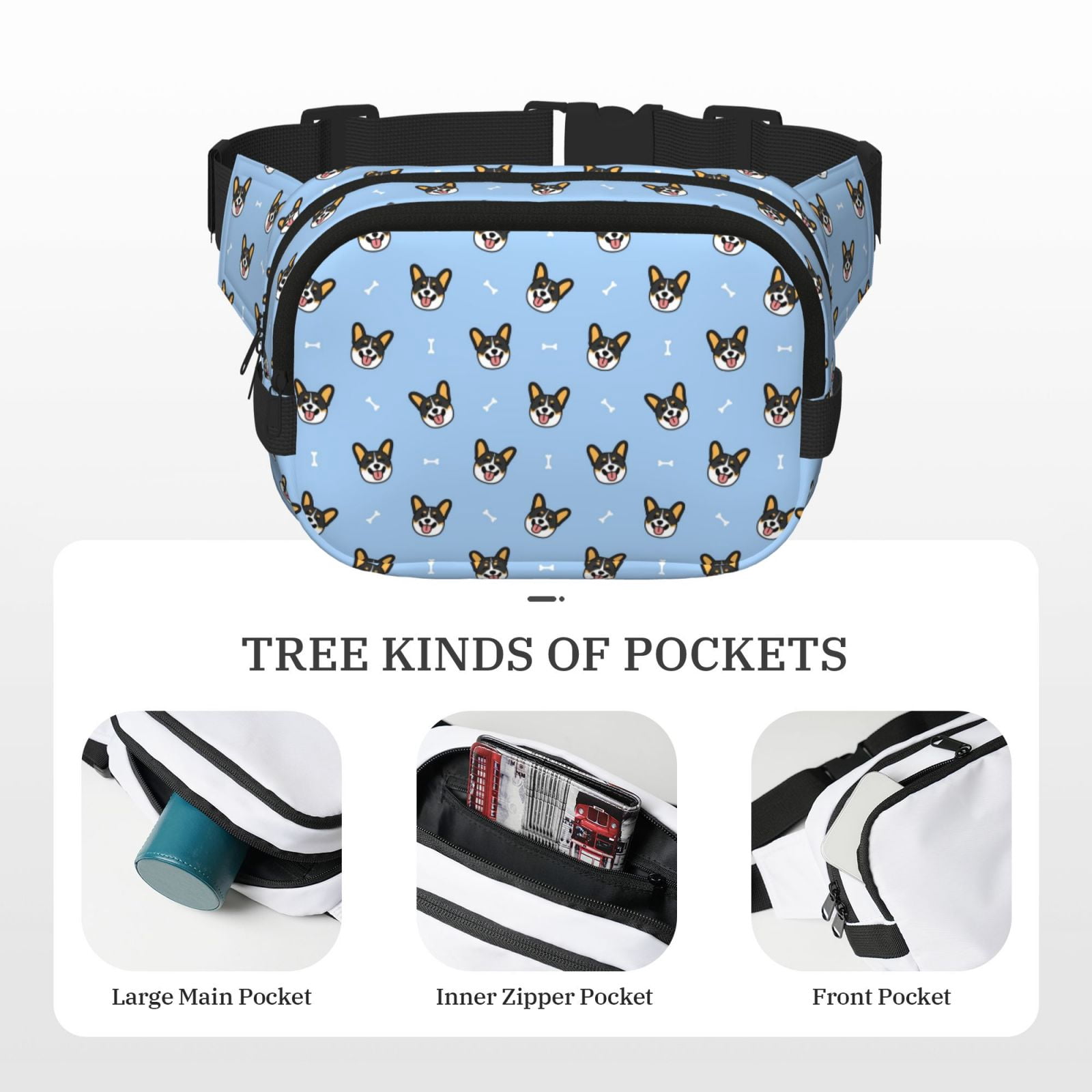 Picia Corgi Dog Print Square Double-Layer Waist Bag Mini Adjustable Waist Belt Bag Exercise Running Travel Hiking