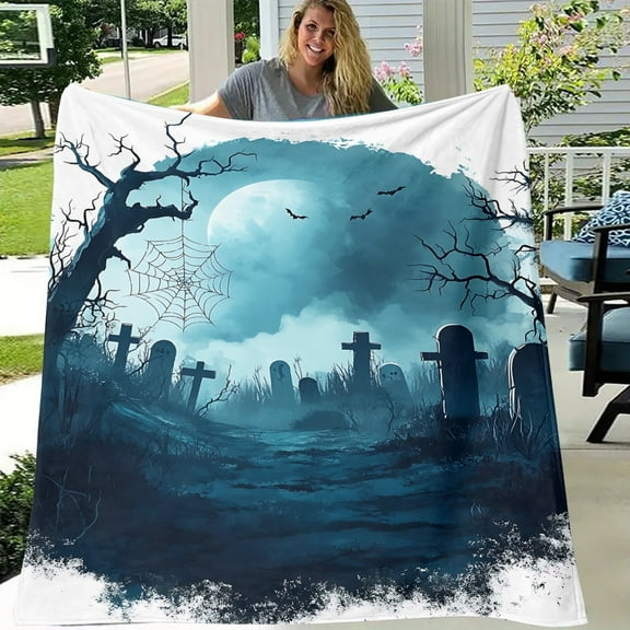 1pc Gothic Cemetery Moonlit Night Blanket - Spooky Graveyard Scene with Full Moon, Tombstones & Bats - Soft Flannel Throw for Halloween Decor, Movie Nights, Camping - Machine Washable Horror Theme Gi