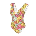 thumbnail image 4 of Yiaed Pink Donut and Blue Print Women's Ruffled One Piece Swimsuit V Neck Swimwear Slimming Monokini for Woman-XX-Large, 4 of 8