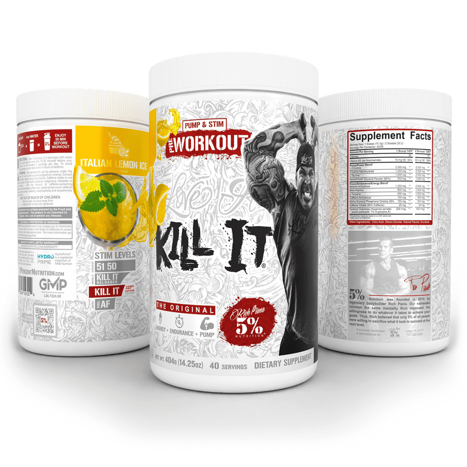 5% Nutrition Rich Piana Kill It Pre-Workout Powder Supplement with Creatine & Caffeine for Pump, 40 Servings (Italian Lemon Ice)